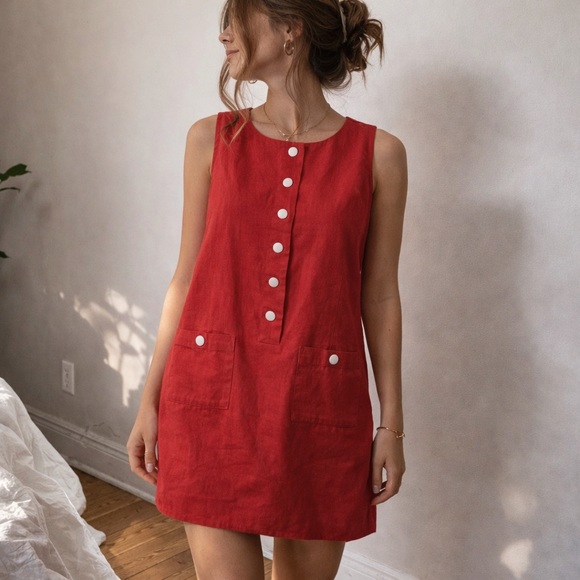 J. Crew Dresses & Skirts - J. Crew Red Button Front Linen Mini Dress Old Money Nautical Preppy Summer
